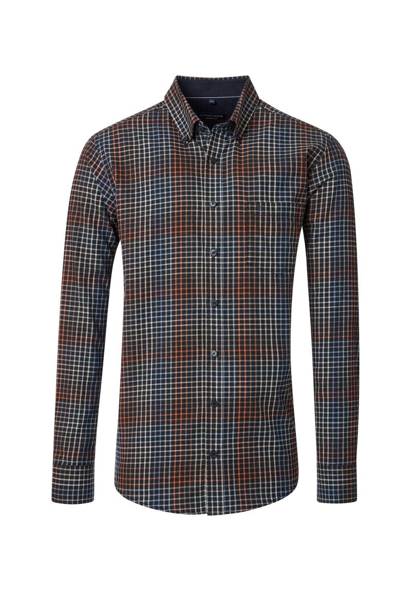Herren Langarmhemd mit Knopfleiste im navy, orange und weißen Karomuster sowie einer Brusttasche.