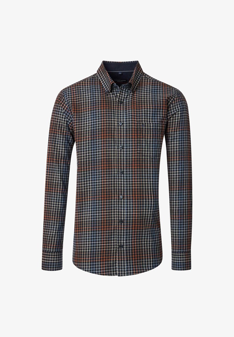 Herren Langarmhemd mit Knopfleiste im navy, orange und weißen Karomuster sowie einer Brusttasche.