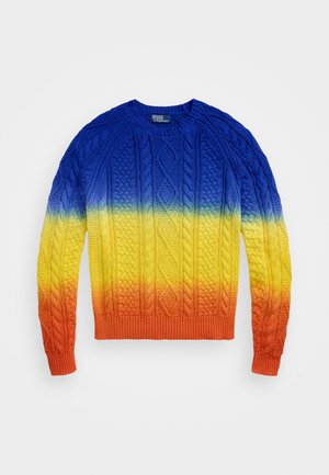 Knitted sweater with a gradient from blue to yellow and orange. Features cable knit texture, crew neckline, and ribbed cuffs.