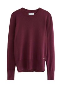 Bordeaux crewneck trui met lange mouwen, voorzien van geribbelde manchetten en zoom, gebreid materiaal en een klein merkje nabij de onderzoom.