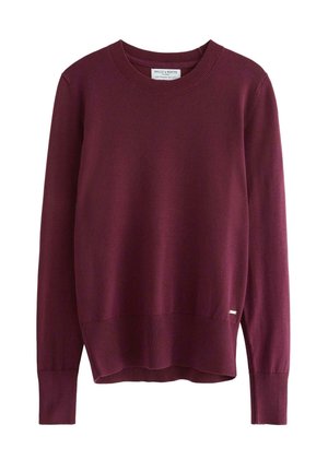 Burgundské svetr s dlouhým rukávem a kulatým výstřihem, s žebrovanými manžetami a spodním lemem, pletená tkanina a malá značka blízko spodního lemu.