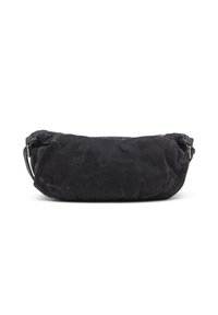 Black fabric pouch bag with a cylindrical shape, featuring a zipper closure and gathered texture, suitable for casual use.