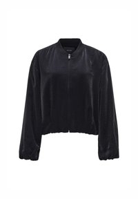 Veste bomber noire à manches longues avec fermeture éclair à l'avant, poignets élastiqués et coupe légèrement raccourcie, présentée sur fond blanc.