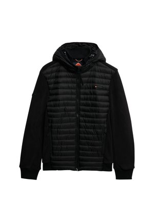 Schwarze Jacke mit gepolstertem Vorderteil und weichen Strickärmeln. Verfügt über eine Kapuze, einen Reißverschluss und seitliche Taschen sowie ein Logodetail auf der Brust.