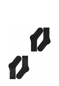 Czarne skarpetki z mieszanki bawełny, jedna jednolita, a druga w kwiatowy wzór w stonowanych kolorach. Posiadają ściągacz w górnej części oraz wzmocniony palec i piętę.