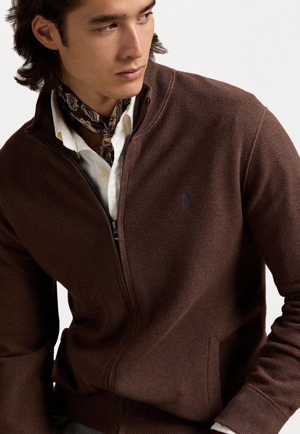 MESH KNIT COTTON FULL ZIP SWEATER - Cardigan - dark roast melange3