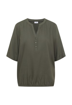 Blouse courte à manches courtes vert olive avec col rond, patte de boutonnage à l'avant et ourlet élastique froncé.