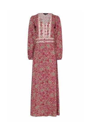 Vestido rosa de manga larga y largo hasta el tobillo con estampado floral y detalle bordado en el panel del escote en V y la cintura.