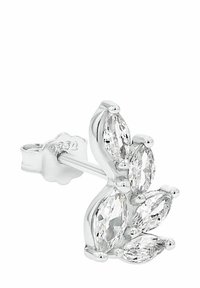 Silverörhänge med tre marquise-slipade klara stenar sammansatta, med en polerad yta och synliga metallverk detaljer på baksidan.