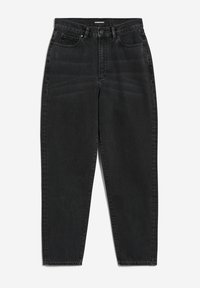 Jean en denim noir taille haute avec bouton frontal, fermeture éclair, passants pour ceinture et design à cinq poches. Coupe droite.