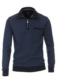 Marineblauer Pullover mit einem Viertelreißverschluss, geripptem Kragen und Bündchen. Verfügt über eine Brusttasche und ein strukturiertes Gewebe mit glatter Oberfläche.