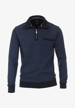 Pullover blu navy con zip a un quarto, colletto e polsini a costine. Presenta una tasca sul petto e un tessuto testurizzato con una finitura liscia.