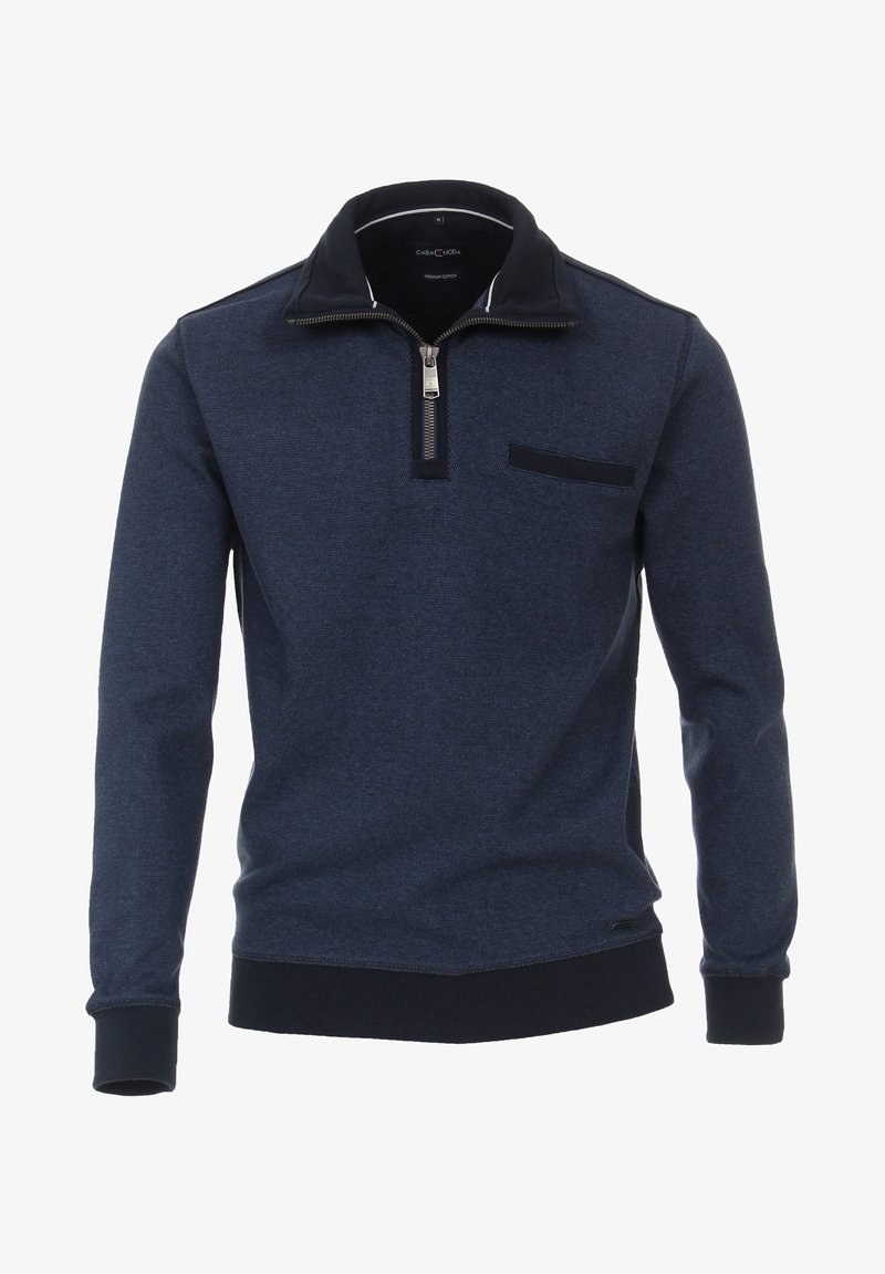 Marineblauer Pullover mit einem Viertelreißverschluss, geripptem Kragen und Bündchen. Verfügt über eine Brusttasche und ein strukturiertes Gewebe mit glatter Oberfläche.