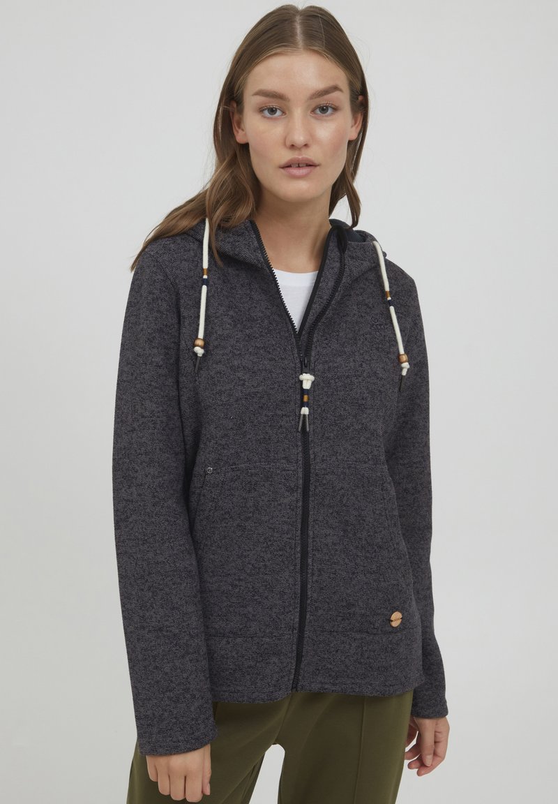 Kolfärgad zip-up hoodie av texturerat tyg, med en huva, två fickor och träkulor på snoddarna.