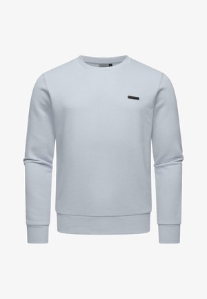 Light blue sweatshirt crafted from soft fabric, featuring a round neck, long sleeves, ribbed cuffs, and a small black logo accent.