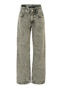 Jeans in denim grigio a gamba larga con una texture sbiadita, cinque tasche e chiusura con bottone. Include cuciture decorative e etichetta del marchio in vita.