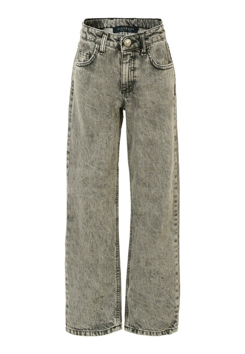 Jeans in denim grigio a gamba larga con una texture sbiadita, cinque tasche e chiusura con bottone. Include cuciture decorative e etichetta del marchio in vita.