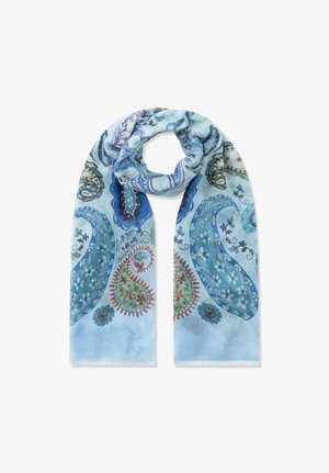 Hellblauer Schal mit großen Paisley-Mustern in Grün-, Blau- und Lilatönen, oben zu einer Schlaufe gelegt.