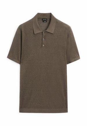 Short-sleeve polo shirt in dark brown, knitted fabric. Features a classic collar and three-button placket. Soft texture and versatile design.
