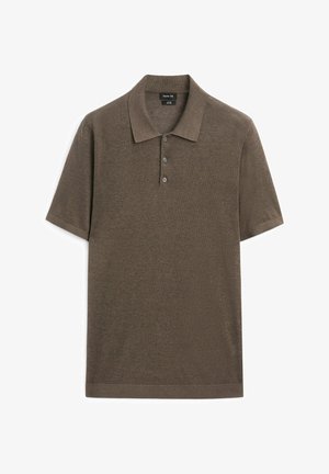 Korte mouw polo shirt in donkerbruin, gebreide stof. Voorzien van een klassieke kraag en een knoopsluiting met drie knopen. Zachte textuur en veelzijdig ontwerp.