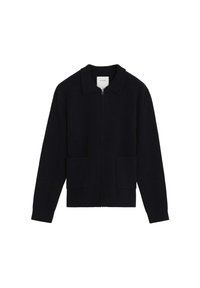 Navy sweaterjack met een ritssluiting aan de voorkant, puntkraag, geribbelde mouwen en twee voorzakken voor een gestructureerde pasvorm. Zachte gebreide stof met een gladde textuur.