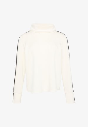 Witte pullovertrui met een hoge kraag, lange mouwen en zwarte zijstrepen. Zachte stof met een relaxte pasvorm, zonder extra patronen.