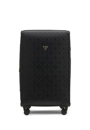 Valise rigide noire avec quatre roues multidirectionnelles et un motif texturé avec un petit logo triangulaire Guess au centre avant.