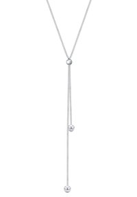 Collier lasso en argent avec trois perles rondes lisses le long d'une fine chaîne, doté d'un fermoir coulissant ajustable.