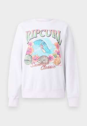 Valkoinen huppari, jossa on värikäs graafinen printti, jossa ylhäällä on "Ripcurl", trooppisia kukkia ja surffauskohtaus. Klassinen istuvuus.