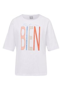 White cotton t-shirt with short sleeves and round neck. Features "Tout va BIEN" printed in bold, multi-color letters.