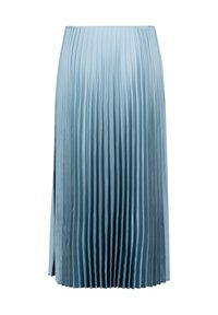 Gonna plissettata azzurro chiaro con vita elastica. Presenta pieghe verticali su tutta la lunghezza e uno spacco laterale per facilitare i movimenti. Tessuto liscio.