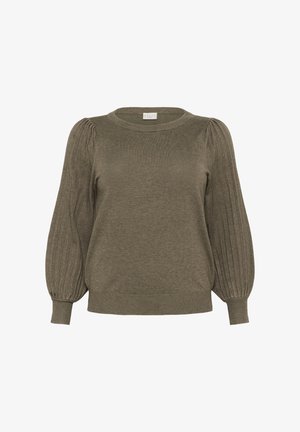 Oliven grøn sweater med rund hals, ribbede pufærmer og en glat kropstruktur. Har en tætsiddende kant og blødt materiale.