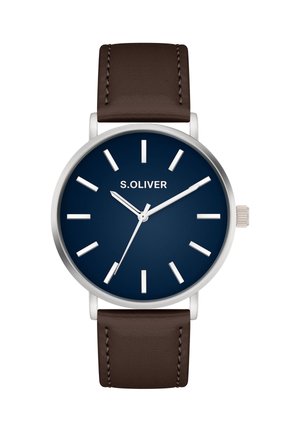 Silver case watch with a navy blue dial, silver hour markers, and brown leather strap featuring stitching. Brand name "S.Oliver" displayed.