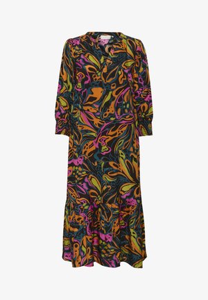 Robe midi à manches longues avec un motif floral abstrait vibrant en orange, rose, vert et bleu sur tissu noir, avec un col en V et des poignets froncés.