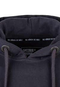 Dark grey hoodie featuring a drawstring with metal tips, a soft texture, and a label with white text visible in the neck area.