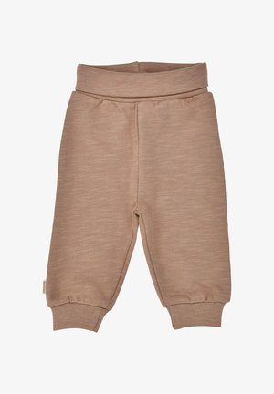 Light brown soft fabric baby pants with an elastic waistband and cuffs, designed for comfort and ease of movement.
