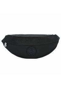 La borsa a vita in nylon nero presenta una forma arrotondata, una cintura testurizzata, un logo in rilievo e una chiusura con zip per una conservazione sicura.