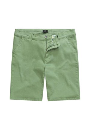 Pantalones cortos de algodón verde claro con cremallera, bolsillos delanteros y una cinturilla interior estampada. Incluye un cierre de botón y trabillas para el cinturón.