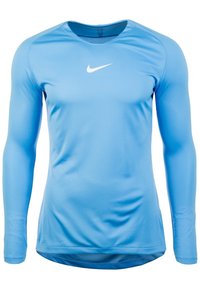 Vaaleansininen pitkähihainen urheilupaita, jossa on keskellä rinnan valkoinen Nike-logo, valmistettu sileästä, istuvasta suorituskykykankaasta.