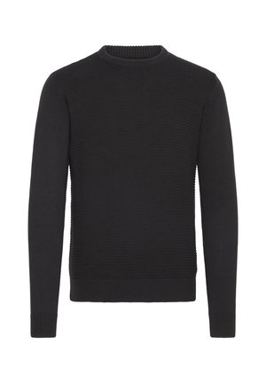 Pull en tricot noir avec un col rond côtelé, texture lisse et manches longues ; présente des côtes verticales sur le corps et les poignets.