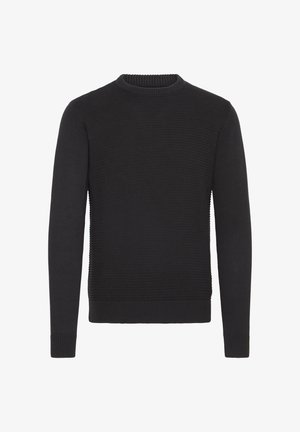 Zwarte gebreide trui met een geribde ronde halslijn, gladde textuur en lange mouwen; heeft verticale ribbels op het lichaam en de manchetten.