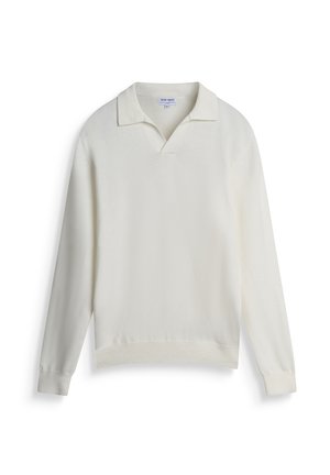 Crème pullover trui gemaakt van zachte stof, met een v-hals en lange mouwen, voorzien van geribde manchetten en zoom voor een goede pasvorm en structuur.