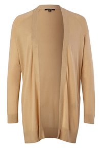 Beige öppen cardigan i mjukt stickat material. Har långa ärmar, en avslappnad passform och ribbade muddar och fåll.