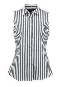Ärmlös skjorta med krage i vitt och marinblå vertikala ränder; har knappstängning fram och en skräddarsydd passform med en utsvängd nederkant.
