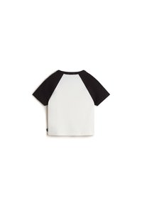 White short-sleeve shirt with black raglan sleeves and a round neckline. Smooth texture, casual fit, and a small logo tag at the hem.