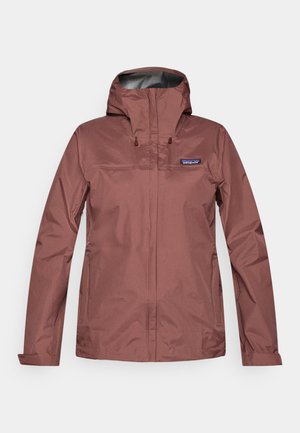 Long-sleeve dusty rose waterproof jacket with hood, front zipper, and Patagonia logo on left chest.