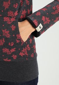 Donkergrijze hoodie met rode bladerenpatronen; heeft een comfortabele textuur en een zak aan de voorkant. Inclusief een label op de mouw.