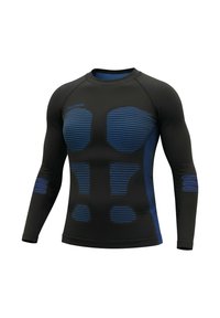 Long-sleeve athletic shirt in black with blue striped accents. Features fitted design with textured patches on shoulders and sides.