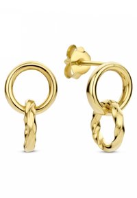Goldfarbene Ohrringe mit zwei miteinander verbundenen runden Ringen, einer glatt und einer gedreht, mit Steckverschluss.