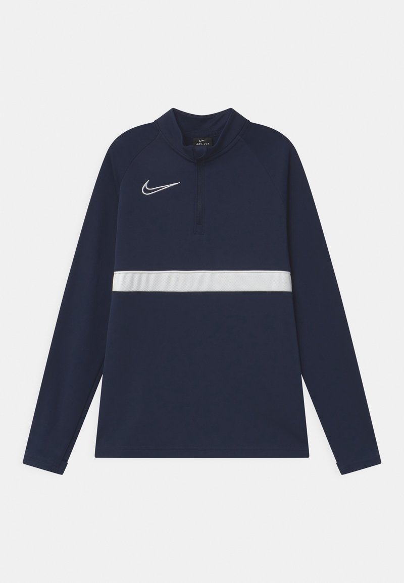 Tummansininen pitkähihaiset urheilupusero, jossa on puoli vetoketju, valkoinen vaakasuora raita rinnassa ja valkoinen Nike-logomerkki vasemmalla puolella.